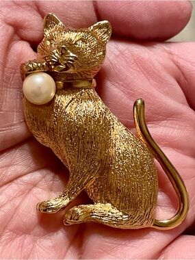 Gold Cat Brooch with Pearl Accent - Women's Jewelry